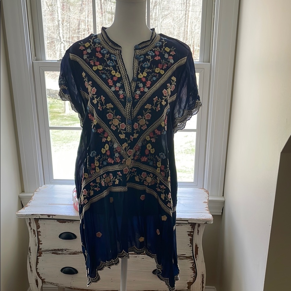 Johnny Was Navy Floral Embroidered Top